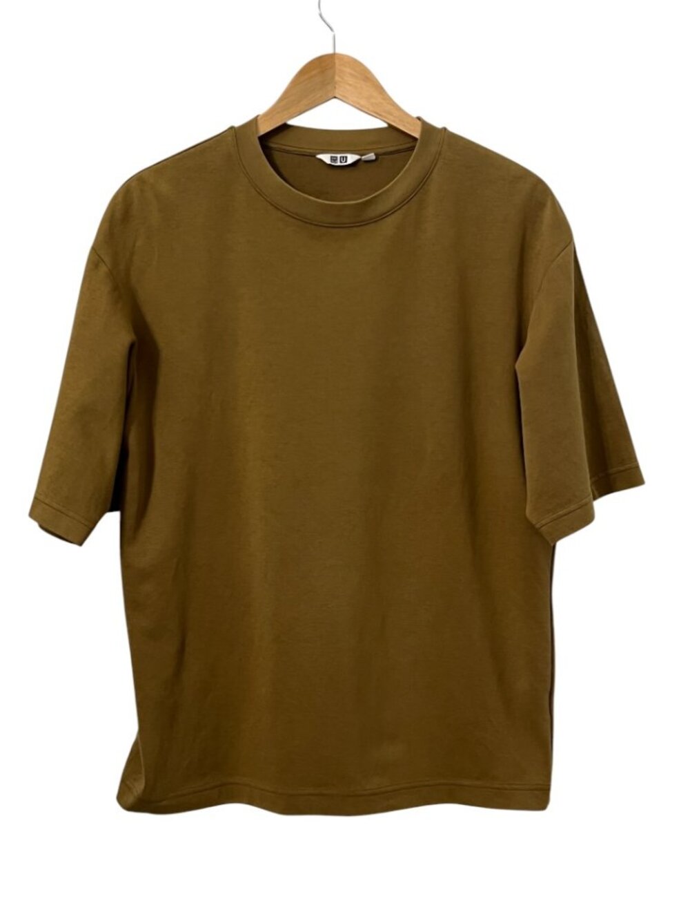 Uniqlo U AIRism T Shirt Mens L Brown Yellow Oversized Crew Neck Short Sleeve Tee
